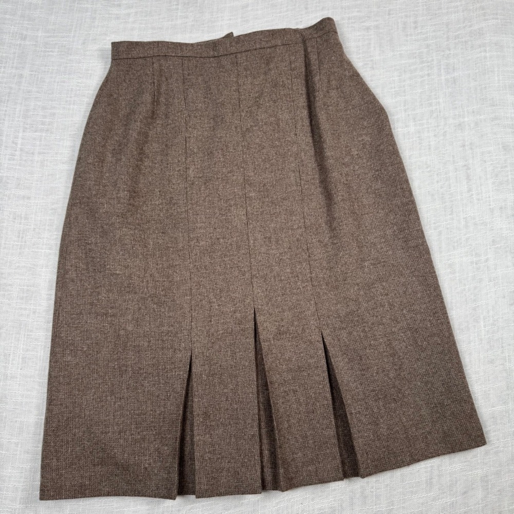 VTG Edinburgh Woollen Mill Skirt Women 16 Brown Wool Pleat Tweed Academia Preppy
